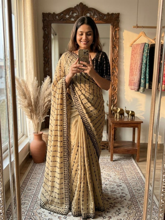Beautiful Rangoli Silk Embroidery & Mirror Work Border Designer Saree