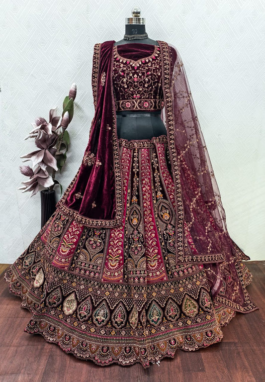 Bridal Special Velvet Zarkan Diamond Work Lehenga Choli
