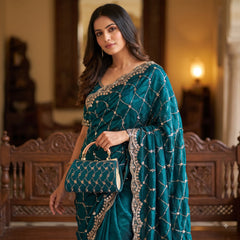 Party-wear Space Silk With Real Gold Beads With Cutwork Border Saree