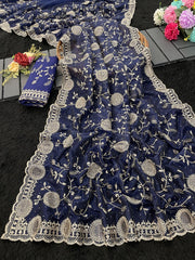 Tissue Silk Multi Thread Embroidery Work Saree