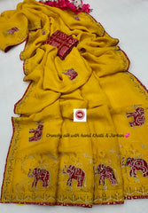 Rich Crunchy Silk Elephant Designer Cutdana & Jarkan Hand Work Saree