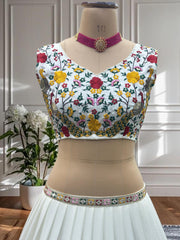 Party-wear White Chinon Silk Embroidery Sequence Thread Work Designer Lehenga Choli