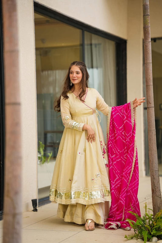 Ethnic Purely Handmade Soft Chinon Handmade Gottapatti Work Anarkali Palazzo