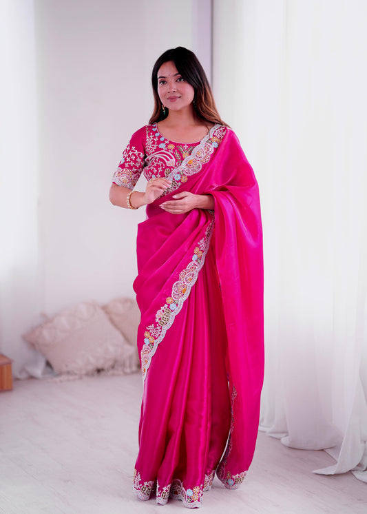 Trending Pink Jimmy Choo With Embroidery Thread & Coding Work Saree