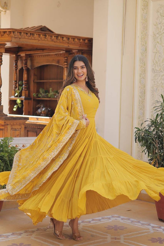 Unique Coloured Georgette With Embroidered Work Gown