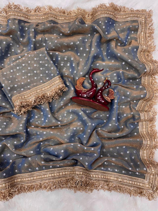 Party-wear Moss Silk With Jacquard Butti Designer Saree