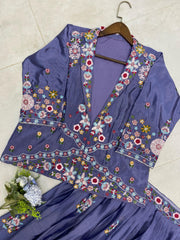 Beautiful Chinon Silk Multi Thread Sequence Embroidery Work Lehenga With Koti