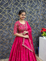 Beautiful Chinon Silk Embroidery Thread Work Lehenga Choli