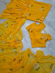 Haldi Special Georgette With Printed  Ruffle Lehenga Saree