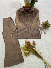 Trendy Stylish Salsa Silk Designer Shirt & Pant With Hand Embroidery Shrug