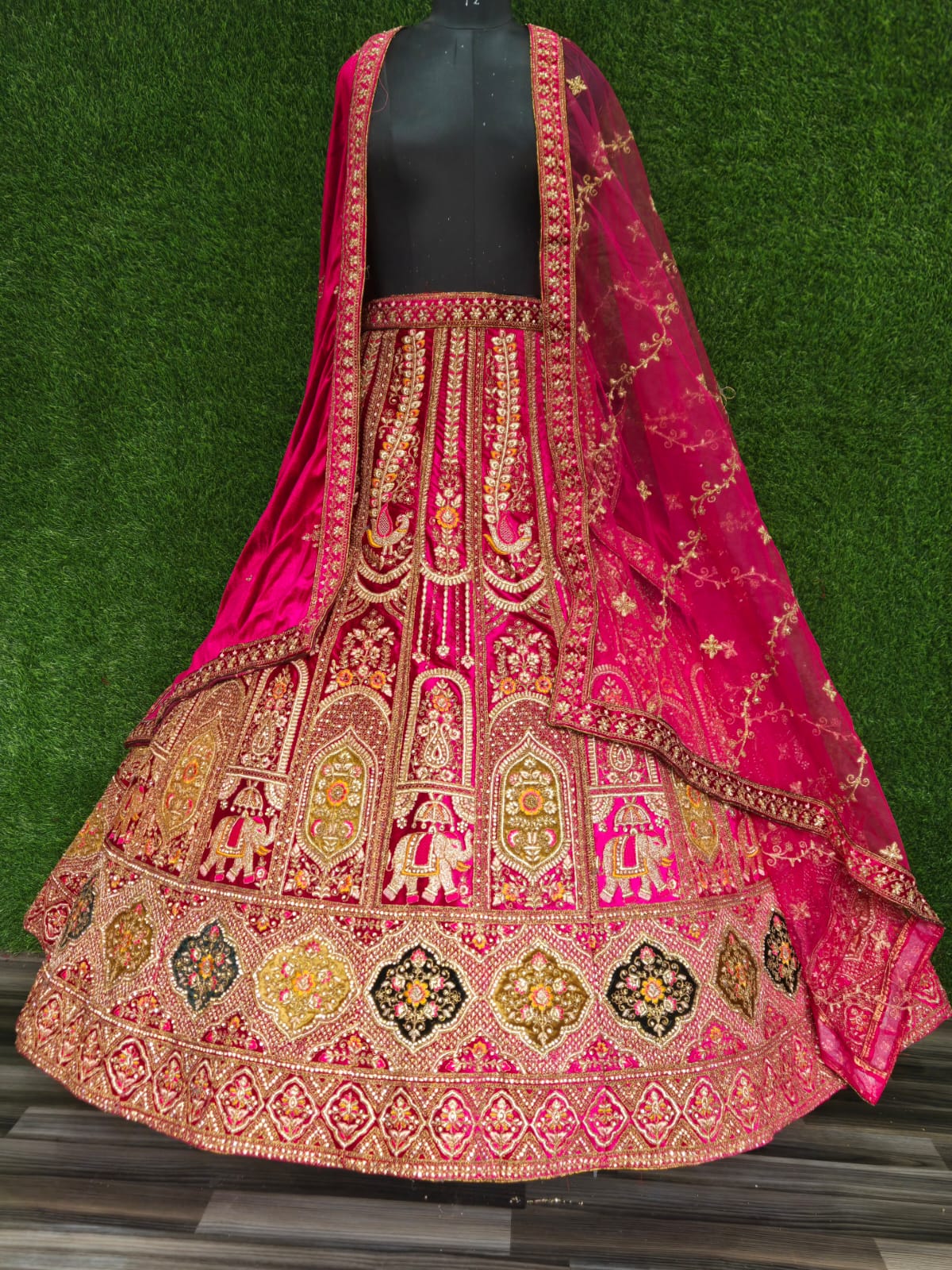 Bridal Special Elephant Pattern Velvet Zarkan Diamond Work Lehenga Choli