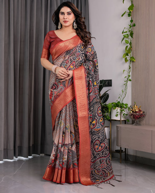 Beautiful  Pure Hand-loom Linen Digital Floral Printed Saree