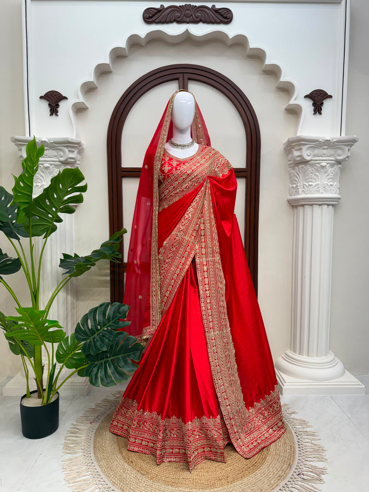 Red Bridal Special Japan Satin Thread & Coding Sequence Work Saree With Dupatta