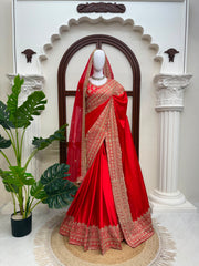 Red Bridal Special Japan Satin Thread & Coding Sequence Work Saree With Dupatta