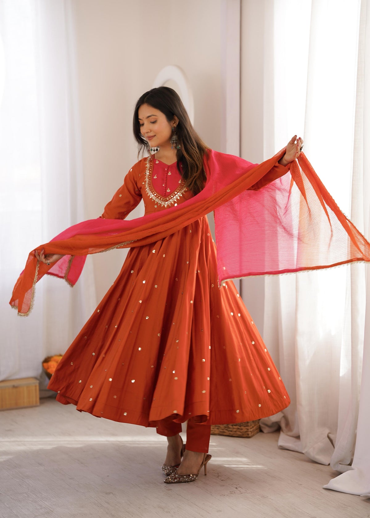 Party-wear Roman Silk Embroidery Sequence Work Anarkali Gown