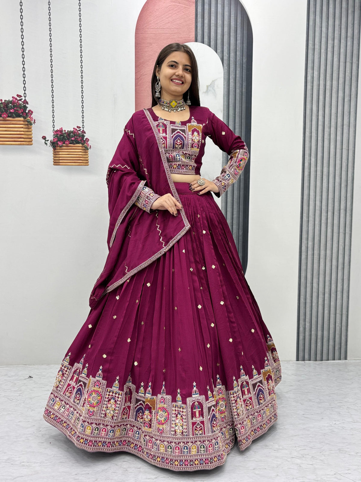Beautiful Pure Vichitra Silk Embroidery Coding Sequence & Thread Work Lehenga Choli