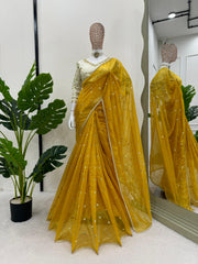 Partywar Twill Net Thread & Sequence With Fancy Lace Saree