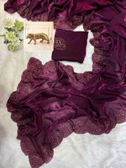 Party-wear Designer Fendy Satin Silk khatli Cut Dana Handwork Saree