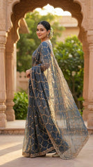 Beautiful Moss Silk Sequence Embroidery Work Saree