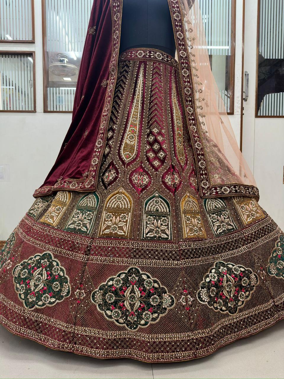 Heavy Pure Lycra Velvet Zarkan Work Multi Colour Double Duppata & Double Cancan Bridal Lehenga Choli