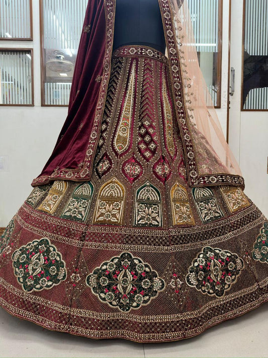 Heavy Pure Lycra Velvet Zarkan Work Multi Colour Double Duppata & Double Cancan Bridal Lehenga Choli