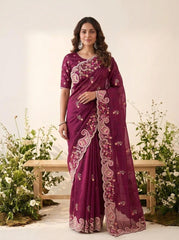 Beautiful Space Silk Embroidery With Cutwork Border Saree