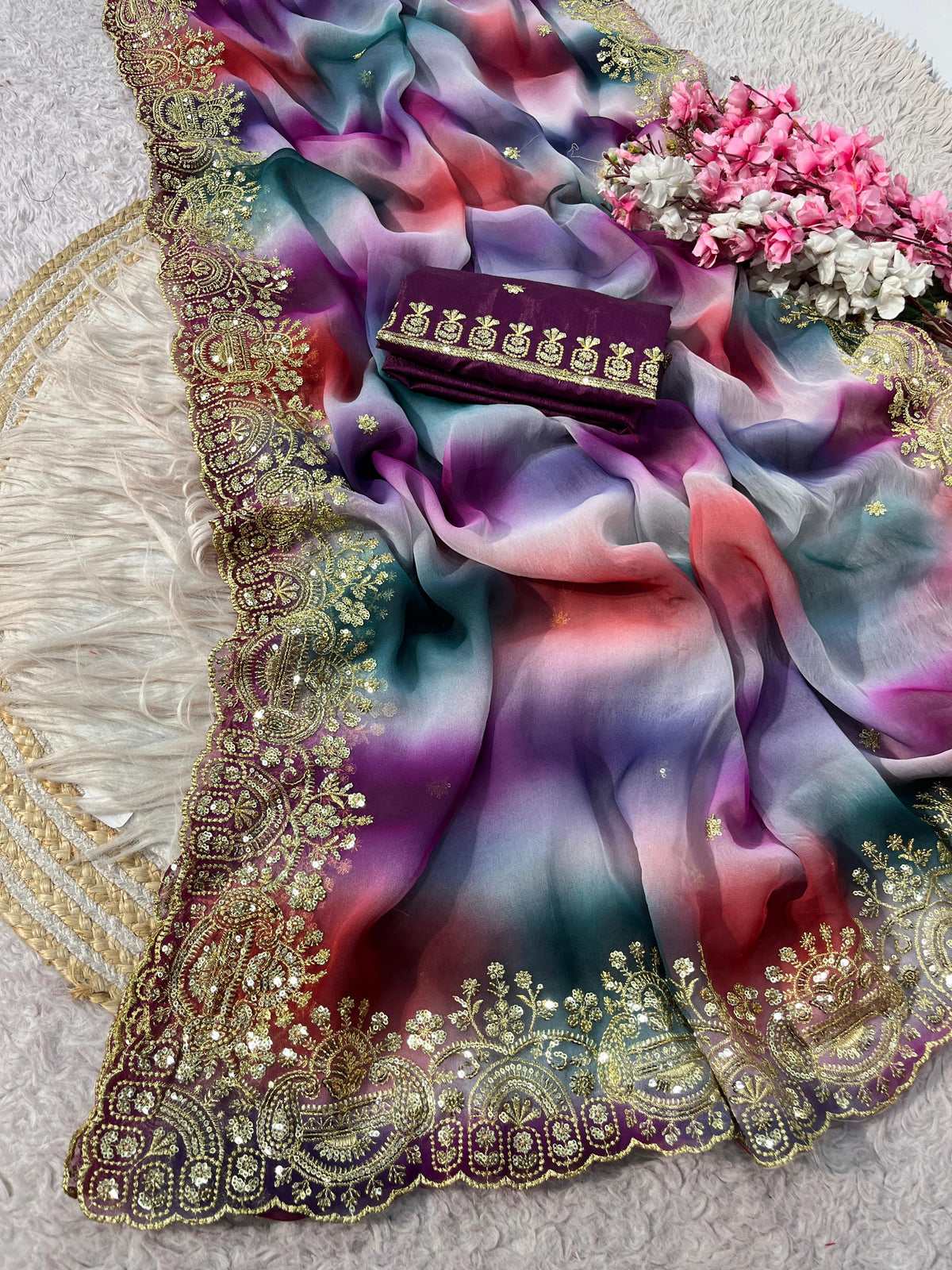 Beautiful Multi Color Georgette Work Saree