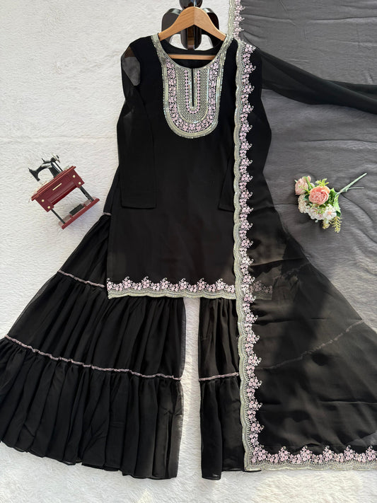 Elegant Ethnic Black Georgette Designer Thread With Sequence Work Sharara