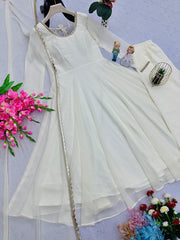 Beautiful White Georgette Anarkali With Fancy Lace Gown