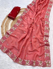 Beautiful Crunchy Chiffon Embroidery Work Saree