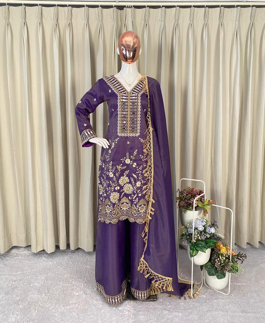 Festive Special Cosmos Silk Real Mirror With Embroidery Work Sharara