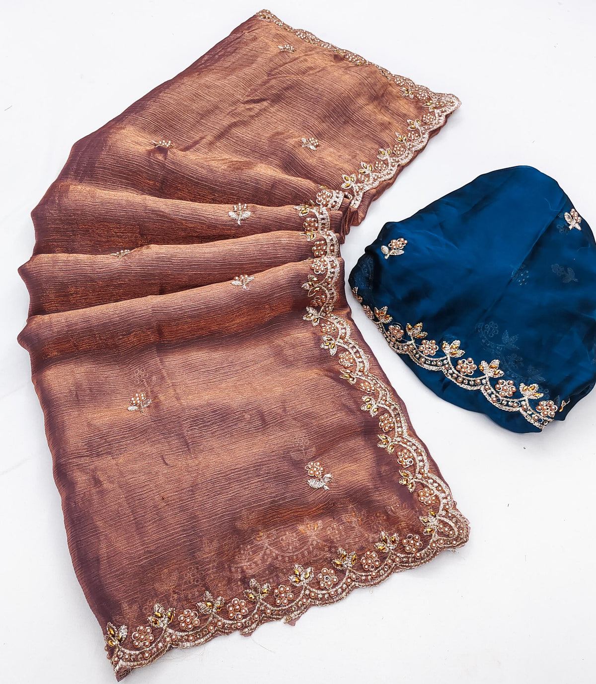 Party-wear Fendy Chiffon Flower Embroidery With Hand Moti Work Saree