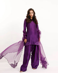 Stylish Purple Natural Crepe Beads With Thread Work Sharara Set