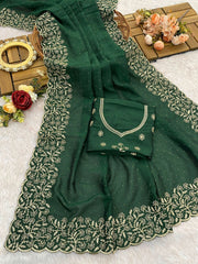 Party-wear Heavy Blooming Vichitra Silk Embroidery Work Saree