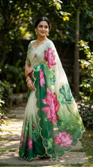 Beautiful Soft Organza With Floral Prints & Beads Katdana Handwork Border Saree