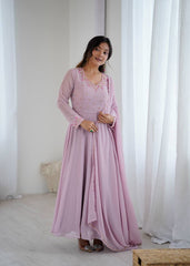 Party-Wear Georgette Handwork Neck Sleeve Fully Stitched Gown