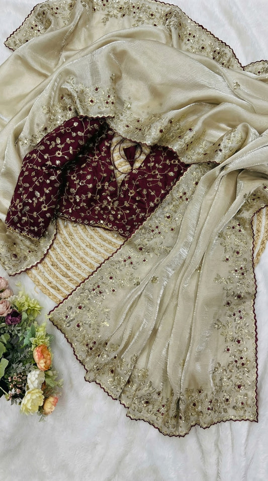 Party-wear Fendy Satin Silk Sequence Work Saree With Stitched Blouse