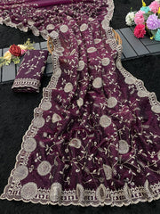 Tissue Silk Multi Thread Embroidery Work Saree