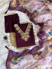 Beautiful Purple Roman Silk Embroidery With Sequence Work Dress
