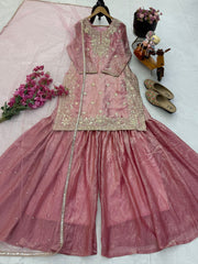 Partywear Fendy Crush Embroidery Sequence Work Top Palazzo Set
