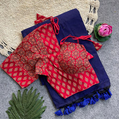 Beautiful Khadi Cotton Silk Saree With Designer Ready-made Ajrakh Cotton Blouse