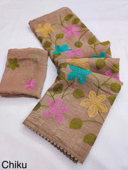 Party-wear Viscose Crunchy Silk Floral Design Embroidery Thread Work Saree