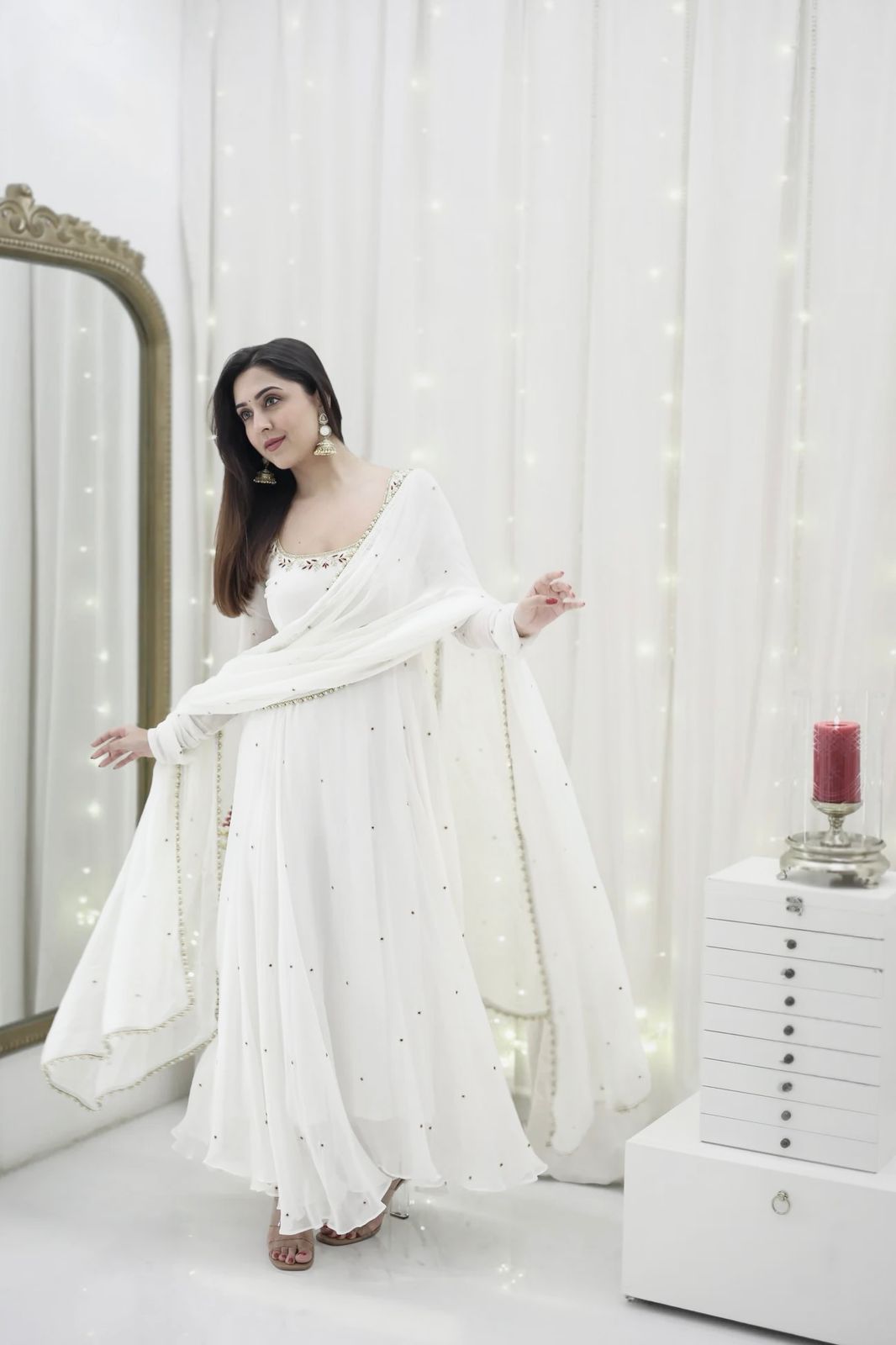 Beautiful Georgette White Designer Handwork Gown