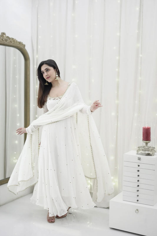 Beautiful Georgette White Designer Handwork Gown