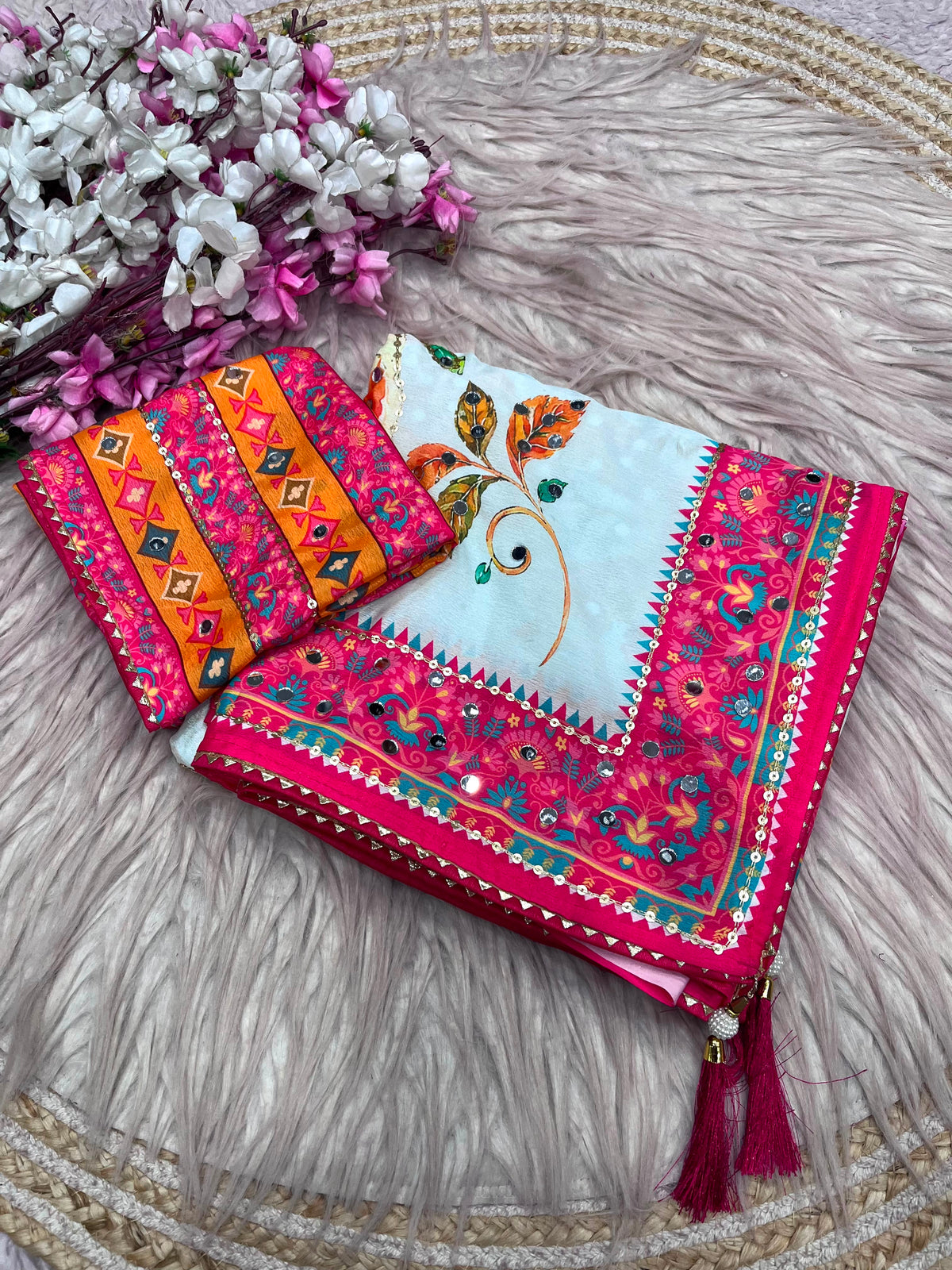 Beautiful Chinon Digital Printed With Real Mirror Work Saree