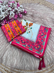 Beautiful Chinon Digital Printed With Real Mirror Work Saree