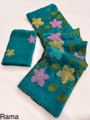 Party-wear Viscose Crunchy Silk Floral Design Embroidery Thread Work Saree