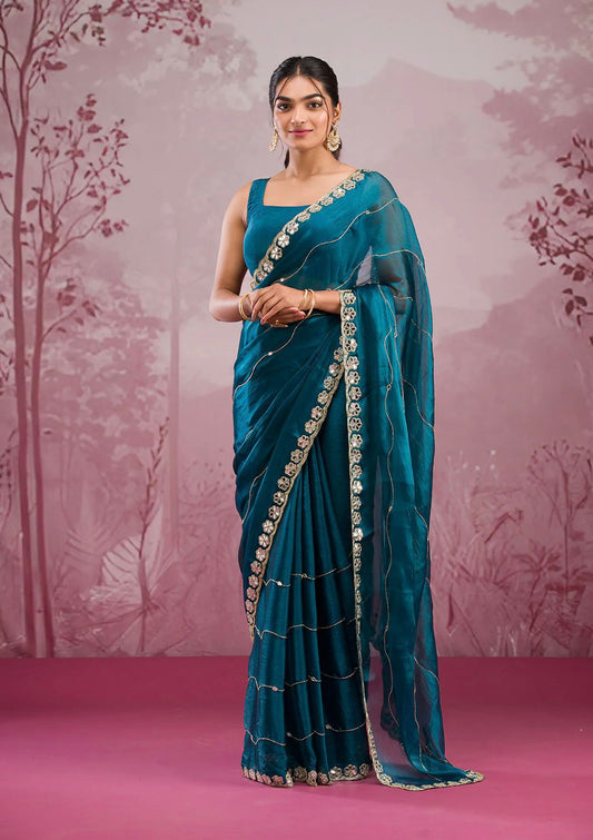 Trending Party-wear Soft Burberry Silk Embroidery & Real Mirror Hand Work Saree