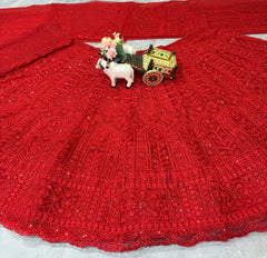 Beautiful Red Soft Net Cording Sequence Work Lehenga Choli