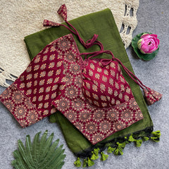 Beautiful Khadi Cotton Silk Saree With Designer Ready-made Ajrakh Cotton Blouse